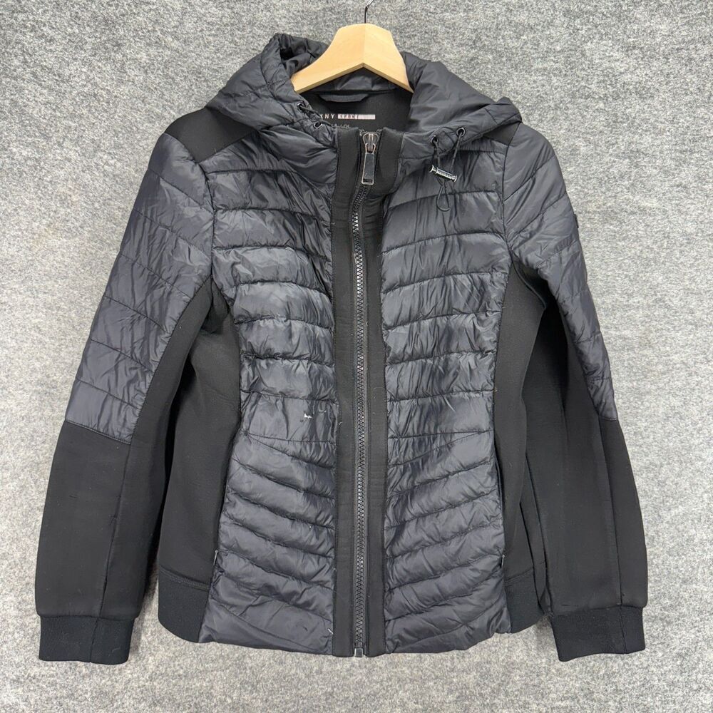DKNY Quilted Jacket Women S Small Black Full Zip Hooded Long Sleeve Pockets Down